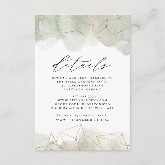 Sage Green Watercolor Geometric Wedding Details Enclosure Card (Front)