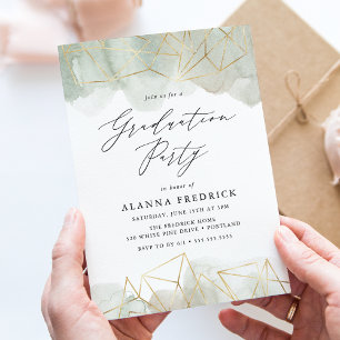 Sage Green Watercolor Gold Geometric Graduation Invitation