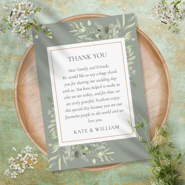 Sage Green Watercolor Greenery Wedding Thank You Place Card (Creator Uploaded)