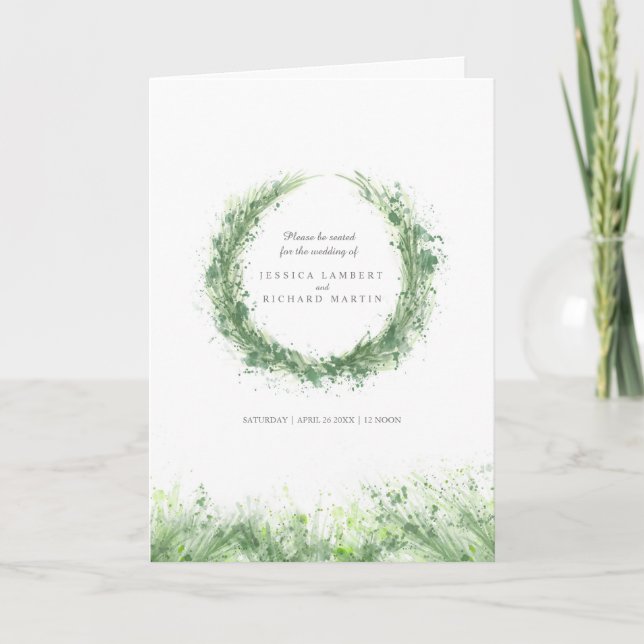 Sage green watercolor greenery wreath wedding programme (Front)