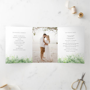 Sage green watercolor greenery wreath wedding Tri-Fold programme