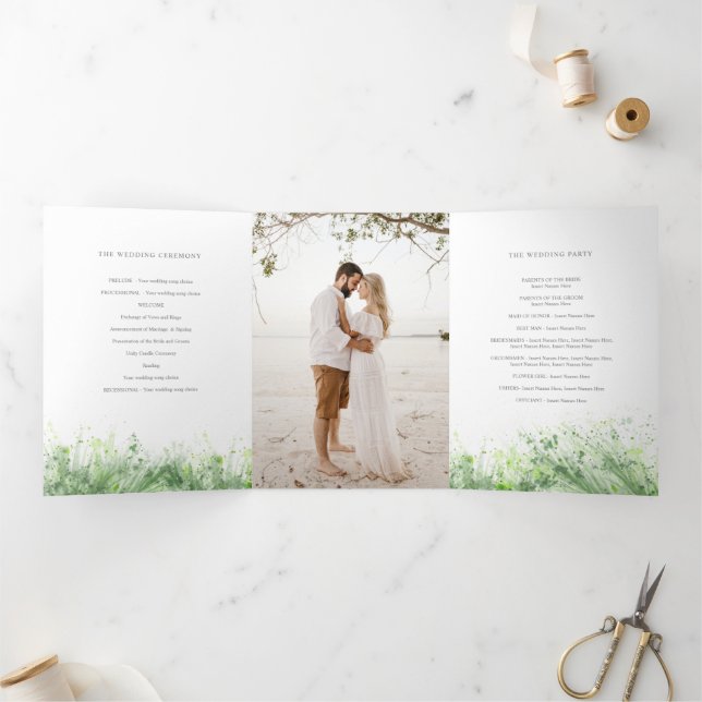 Sage green watercolor greenery wreath wedding Tri-Fold programme (Inside)