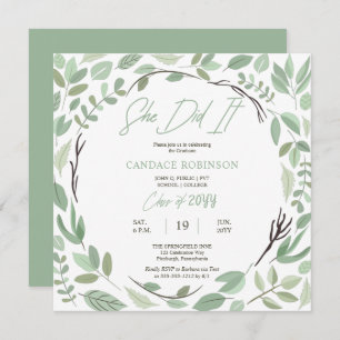 Sage Green Watercolor Leaf Frame Graduation Party Invitation