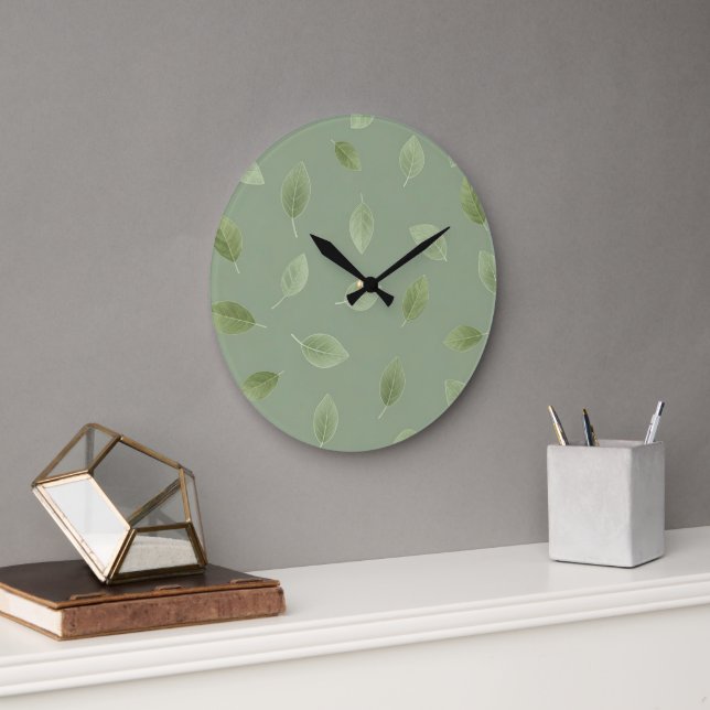 Sage Green Watercolor Leaf Pattern Large Clock (Office)