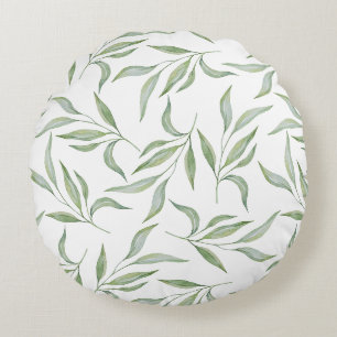 Sage Green Watercolor Leaves Botanical Pattern Round Cushion