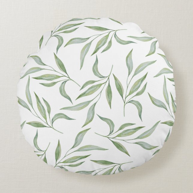 Sage Green Watercolor Leaves Botanical Pattern Round Cushion (Front)