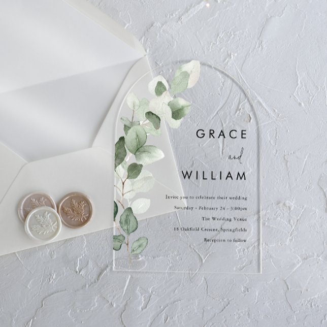 Sage Green Watercolor Leaves Modern Wedding Acrylic Invitations (Creator Uploaded)