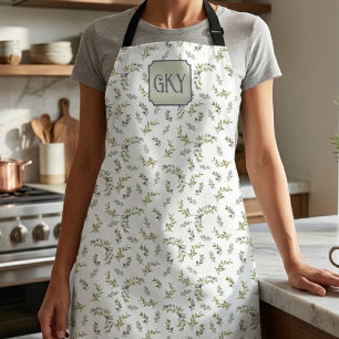 Sage Green Watercolor Monogram Chic Olive Pattern Apron