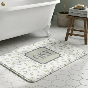 Sage Green Watercolor Monogram Chic Olive Pattern Bath Mat