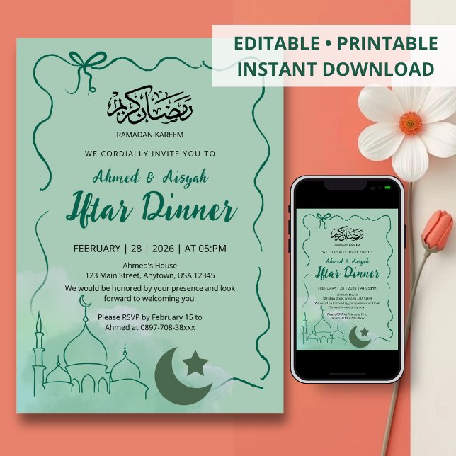 Sage Green Watercolor Mosque Iftar Dinner Invitation (Creator Uploaded)