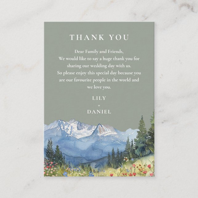 Sage Green Watercolor Mountain Wedding Thank You Place Card (Front)