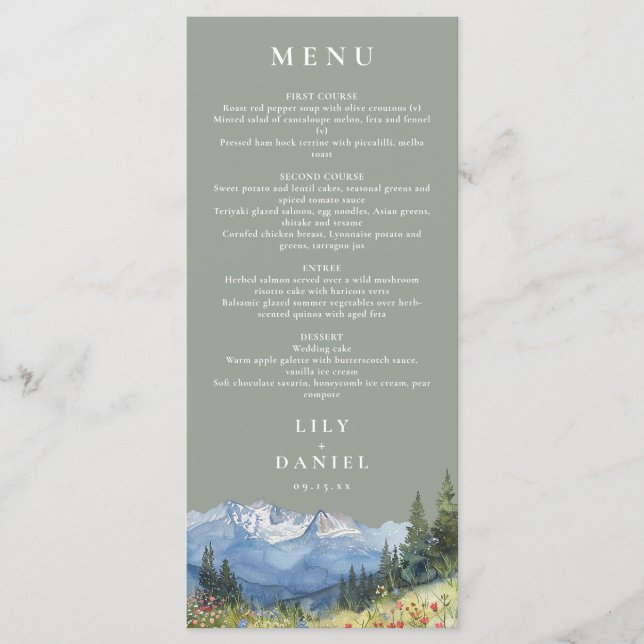 Sage Green Watercolor Mountain Wildflower Wedding Menu (Front)