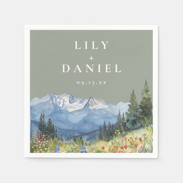 Sage Green Watercolor Mountain Wildflower Wedding Napkin (Front)