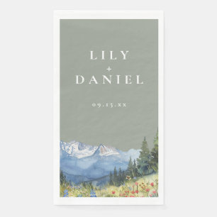Sage Green Watercolor Mountain Wildflower Wedding Napkin
