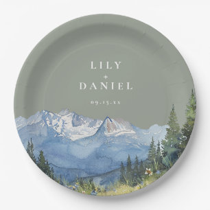 Sage Green Watercolor Mountain Wildflower Wedding Paper Plate