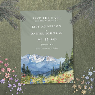 Sage Green Watercolor Mountain Wildflower Wedding Save The Date
