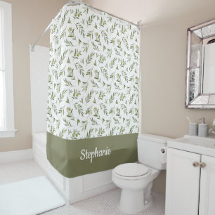 Sage Green Watercolor Olive Monogram Name Shower Curtain