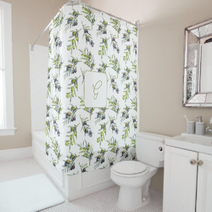 Sage Green Watercolor Olive Monogram Name Shower Curtain