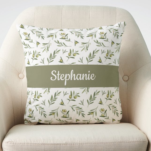 Sage Green Watercolor Olives Monogram Name Cushion (Creator Uploaded)