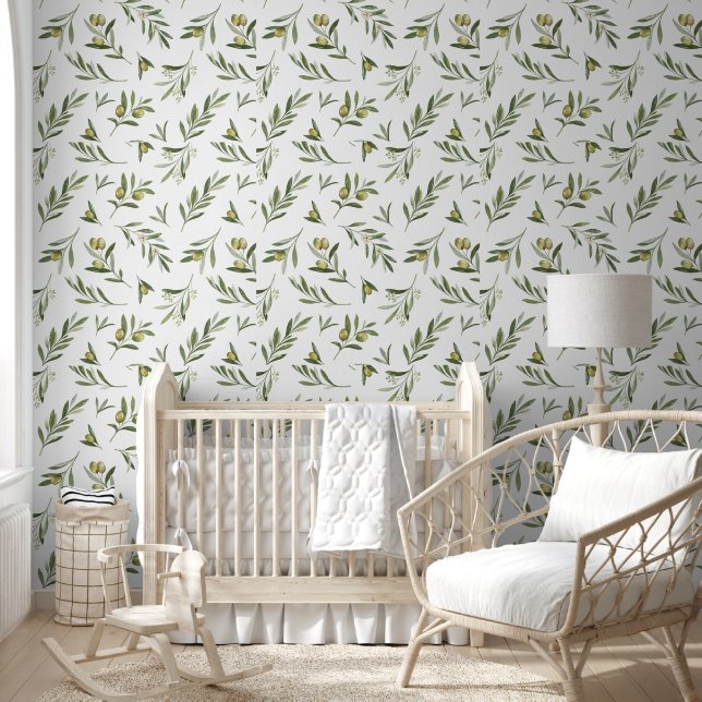 Sage Green Watercolor Olives Wallpaper (Kids)