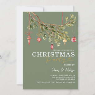 Sage Green Watercolor Ornament Christmas Party Invitation