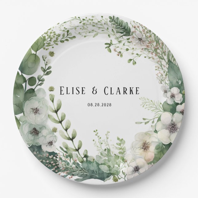 Sage Green Watercolor Peony Wedding  Paper Plate (Front)