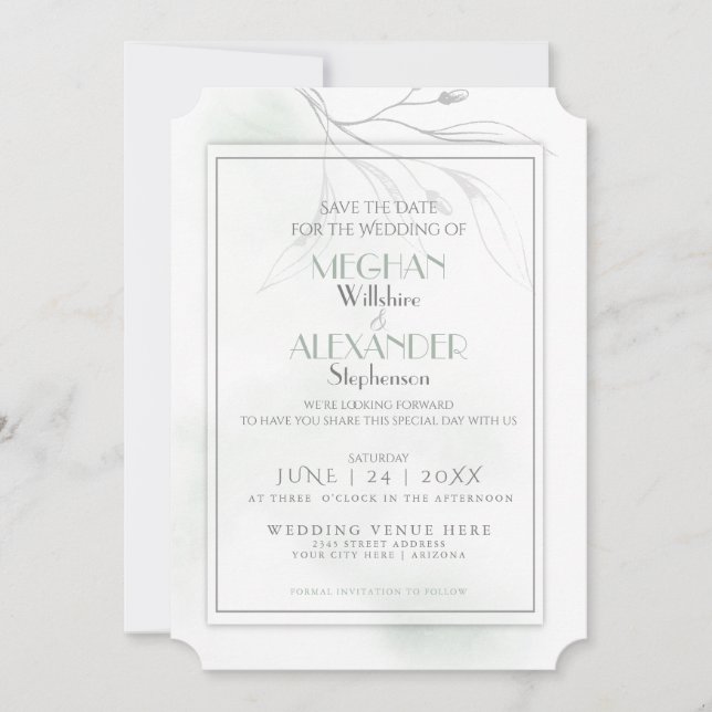 Sage Green Watercolor Pewter Willow Branch Save The Date (Front)