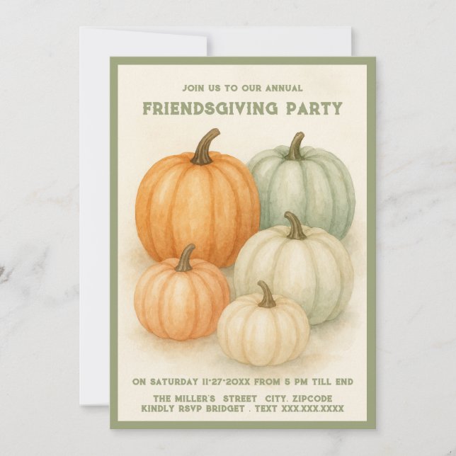 sage green watercolor pumpkin friendsgiving party (Front)