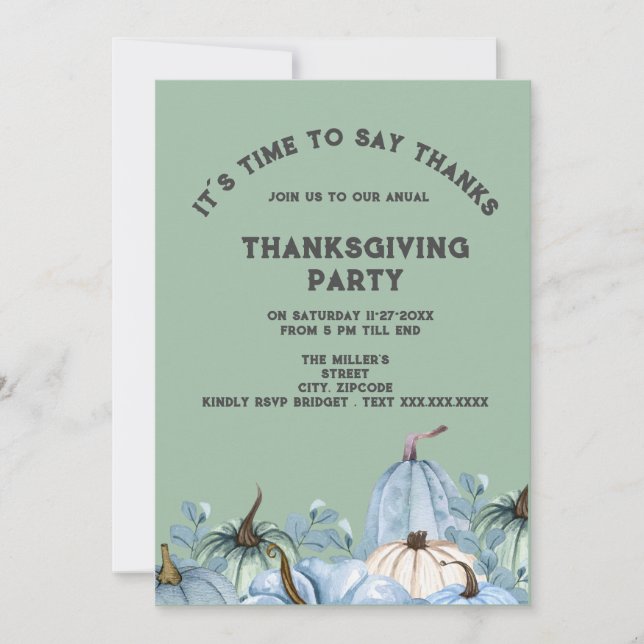 sage green watercolor pumpkin thanksgiving party (Front)