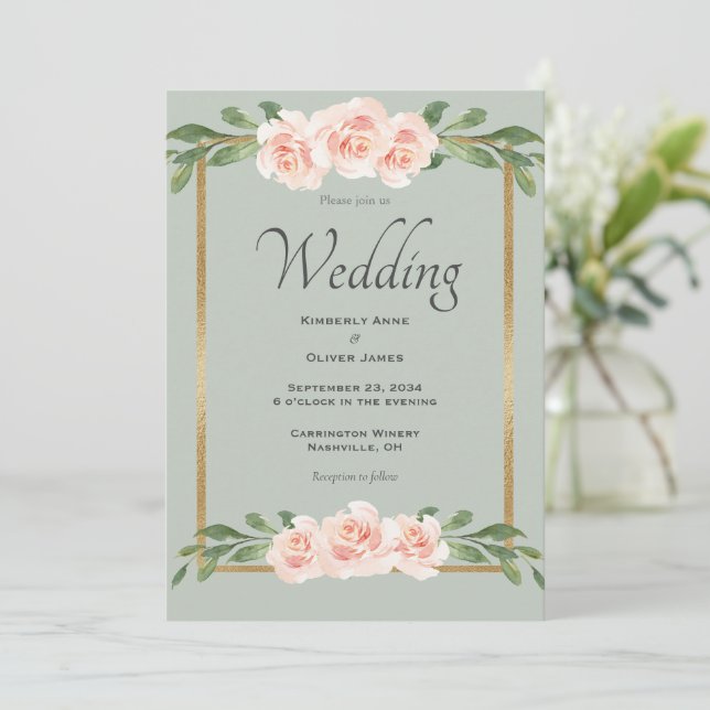 Sage Green Watercolor Romantic Floral Wedding Invitation (Standing Front)