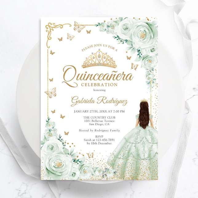 Sage Green Watercolor Roses Gold Quinceanera Invitation (Creator Uploaded)