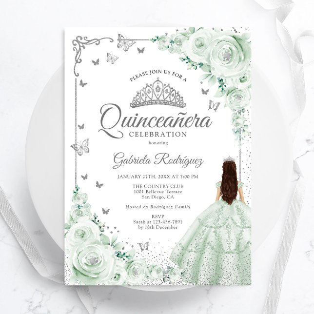 Sage Green Watercolor Roses Silver Quinceanera Invitation (Creator Uploaded)