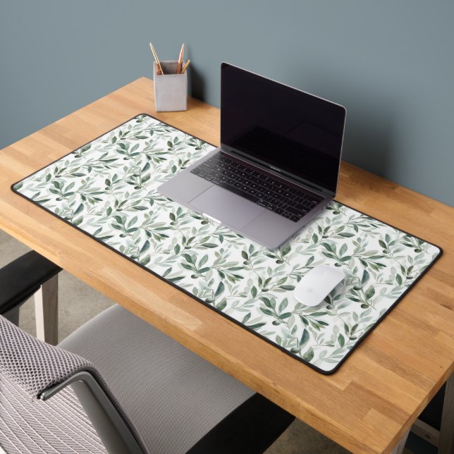 Sage Green Watercolor Rustic Olive Pattern Desk Mat (Office 2)