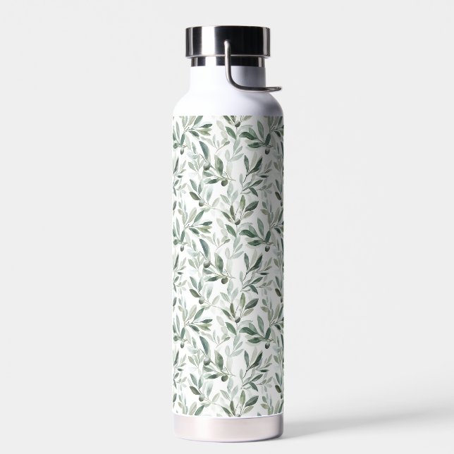 Sage Green Watercolor Rustic Olive Pattern Water Bottle (Left)