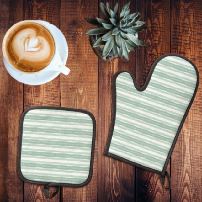 Sage Green Watercolor Stripes Oven Mitt & Pot Holder Set (Creator Uploaded)