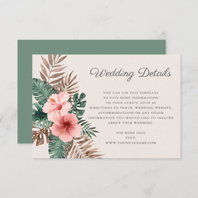 Sage Green Watercolor Tropical Wedding Details Enclosure Card (Front/Back)
