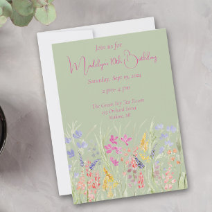 Sage Green Watercolor Wildflower Birthday  Invitation