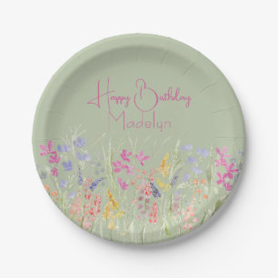 Sage Green Watercolor Wildflower Birthday  Paper Plate