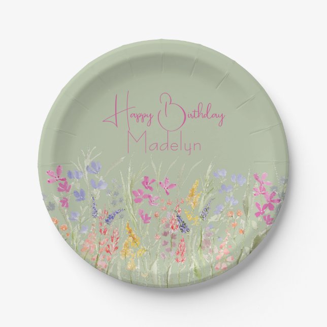 Sage Green Watercolor Wildflower Birthday  Paper Plate (Front)