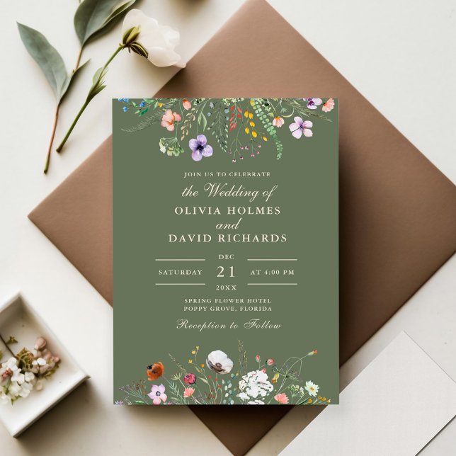 Sage Green Watercolor Wildflower Meadow Wedding Invitation (Sage Green Watercolor Wildflower Meadow Wedding Invitation on wedding table)