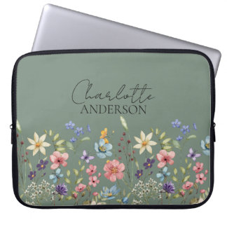 Sage Green Watercolor Wildflower Name Monogram Laptop Sleeve