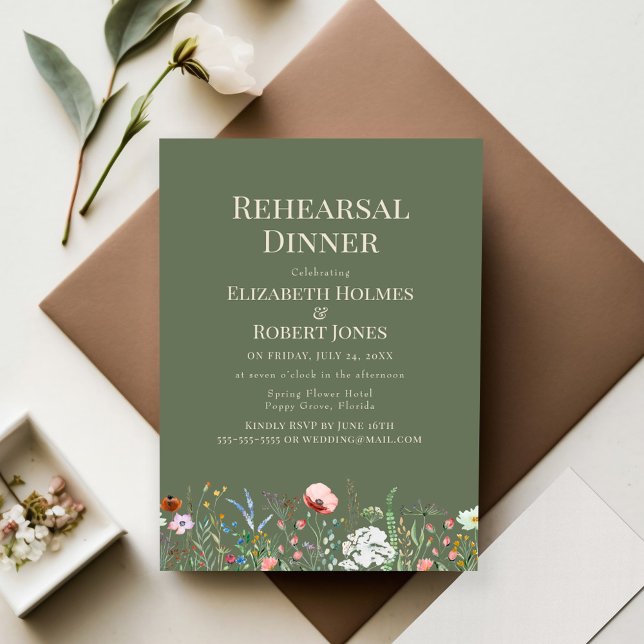Sage Green Watercolor Wildflower Rehearsal Dinner Invitation (Sage Green Watercolor Wildflower Rehearsal Dinner Invitation on wedding table.)