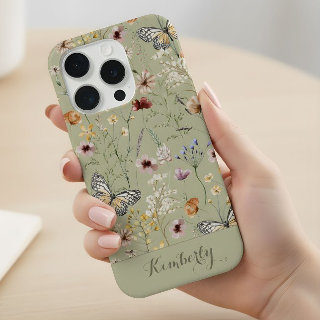 Sage Green Watercolor Wildflowers Pattern Name  iPhone Case (Creator Uploaded)