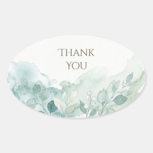 Sage Green Watercolour Botanical Thank You Oval Sticker