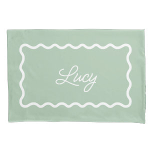 Sage Green Wavy Scallop Frame Monogram Pillowcase