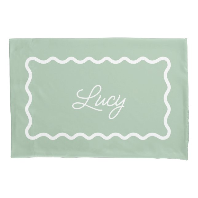 Sage Green Wavy Scallop Frame Monogram Pillowcase (Front)