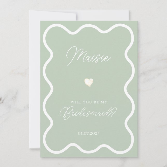 Sage green wavy will you be my bridesmaid proposal invitation (Front)