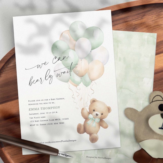 Sage Green We Can Bearly Wait Neutral baby Shower  Invitation (Sage Green We Can Bearly Wait, Cute Teddy Bear Gender Neutral Baby Shower Invitation.)