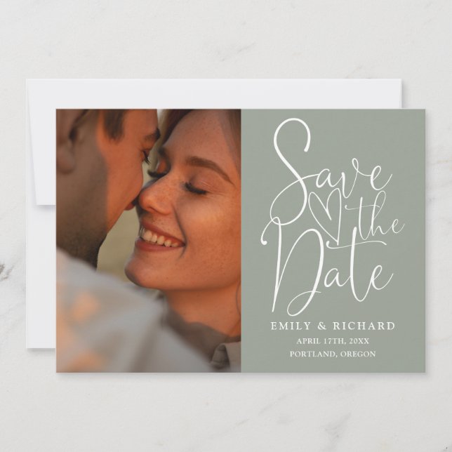 Sage Green Wedding 2 Photo Elegant Script Save The Date (Front)