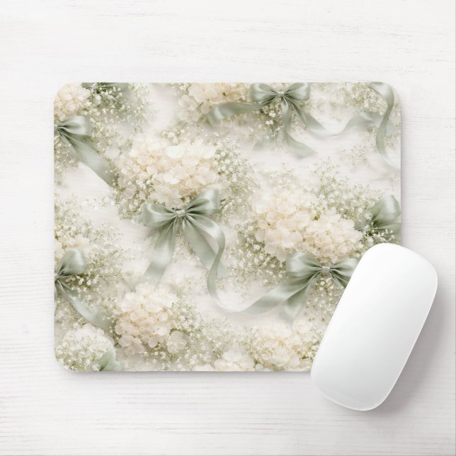 Sage Green Wedding Bows and Hydrangea Flowers Mouse Mat (With Mouse)